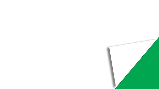 White page background template transition animation with paper peel effect on each corner to reveal content on green screen. 4K animated for motion graphics, overlays, presentations, and editing.