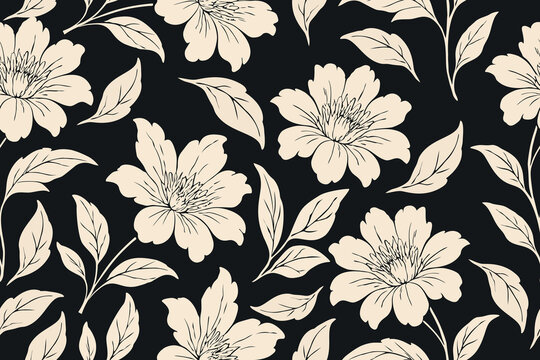Seamless floral pattern with elegant cream blossoms and outlined leaves on a black background, perfect for sophisticated fabric, wallpaper, and decor.
