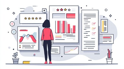Woman looks at data charts, graphs, and checklists in a modern, minimalist vector illustration