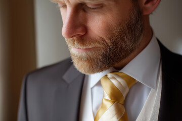Dapper groom preparing for wedding ceremony in elegant suit and golden tie