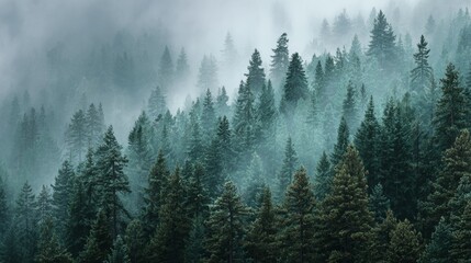 Obraz premium A dense forest of pine trees shrouded in mist at the morning
