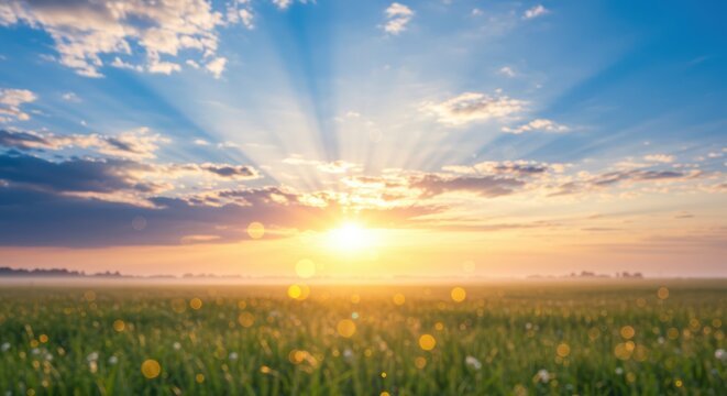 Golden sunrise with sunbeams breaking through clouds over a green meadow