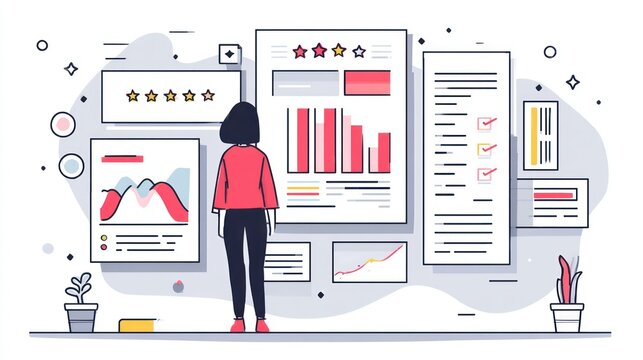 Woman looks at data charts, graphs, and checklists in a modern, minimalist vector illustration