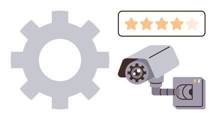 Gear, CCTV camera, and star rating suggest system operation, monitoring, evaluation, improvement. Ideal for security, technology, feedback service rating automation analytics system audits
