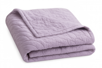 Lavender quilted blanket softly folding, offering cozy textured comfort against clean white surface