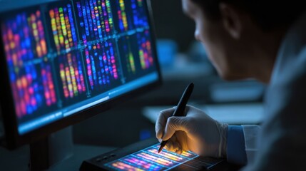 Medium shot of a cytogenetics technologist documenting fluorescent chromosome karyotyping results with sharp focus on the glowing chromosomal visuals and blurred surroundings.