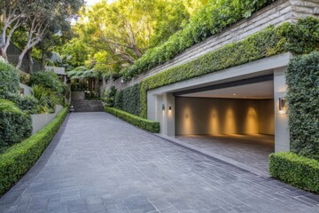 A contemporary driveway gracefully guides you to a roomy garage, all encircled by vibrant greenery in a tranquil residential neighborhood, perfect for daytime relaxation