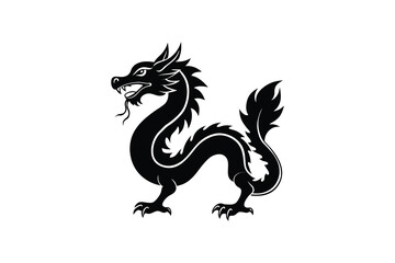 Black silhouette of a Chinese dragon with sharp claws and teeth on a white background