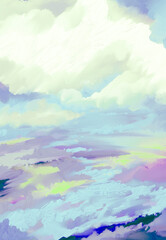 Fototapeta premium Impressionistic Light Pastel Colored Landscape of Fluffy Clouds in Sky Over Stream or River in Meadow or Pasture-digital painting, art, illustration