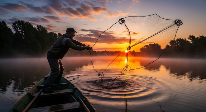 Dedicated fisherman casts a wide net, creating perfect ripples on tranquil waters at golden sunrise