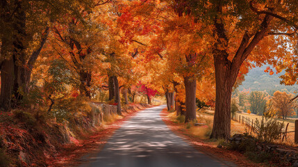 Naklejka premium Golden and Red Trees Along Road