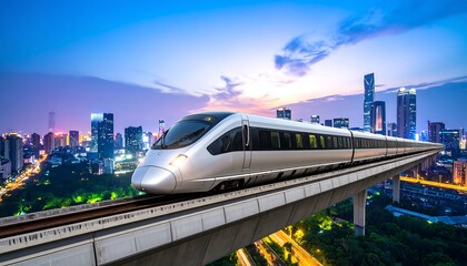 Naklejka premium Modern high-speed train over cityscape at dusk