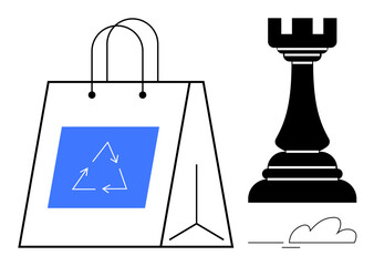 Shopping bag with recycling arrow symbol beside a chess rook, clouds in the corner. Ideal for sustainability, eco-consciousness, strategy, decision-making, balance, planning, environmental