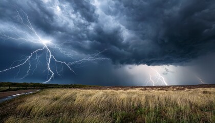 dramatic stormy sky with dark grey clouds and bright lightning strikes