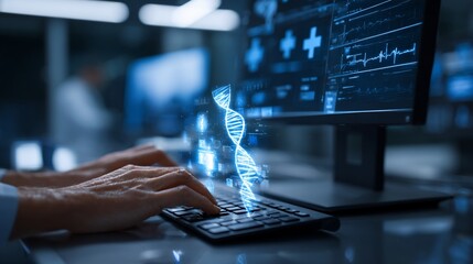 Medical professional analyses data with DNA hologram and monitors on a screen