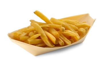 French fries in a boat-shaped takeaway wooden tray, isolated