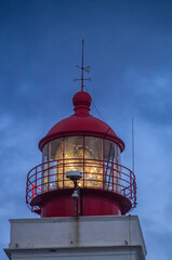 Illuminated lighthouse at dusk on Madeira Island at Ponta do Pargo