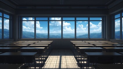Interior of empty school classroom with huge number of school desks and large windows overlooking natural landscape. Back to school.