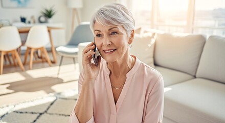 Woman with short grey hair smiling while talking on her smartphone in a bright living room setting on transparent background