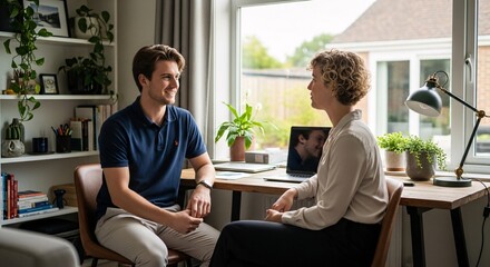 Fototapeta premium Two people sitting at a desk talking in a bright room with plants and a laptop computer visible on transparent background