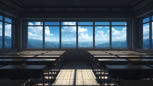 Interior of empty school classroom with huge number of school desks and large windows overlooking natural landscape. Back to school. - Powered by Adobe