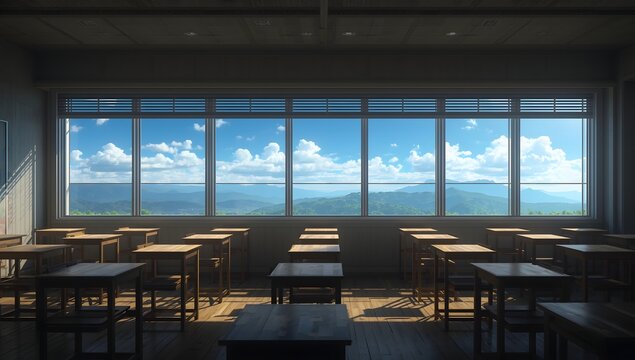 Empty school classroom after lessons with large windows and a view of mountains and clouds.
