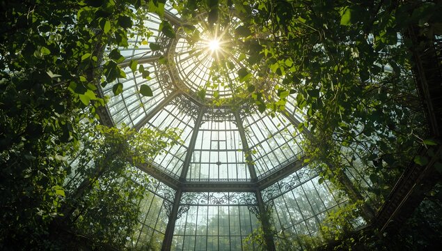 A large glass dome with exquisite metal details, under which dense green plants grow. The sun's rays penetrate through the transparent glass, creating a warm and cozy atmosphere of a botanical garden.