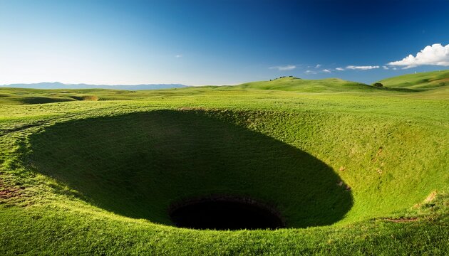 deep sinkhole surrounded by green grass in open landscape