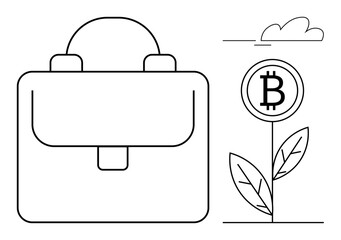 Briefcase next to a plant with Bitcoin coin as blossom, symbolizing financial success, cryptocurrency, and growth. Ideal for investment, blockchain, finance, innovation, technology wealth