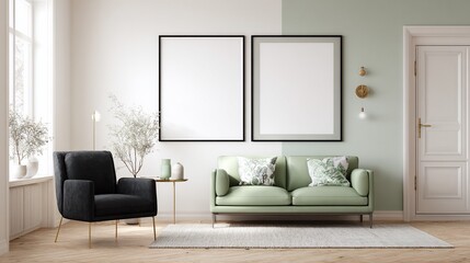Fototapeta premium Cozy living room with green sofa, black chair, two framed art pieces, and a door