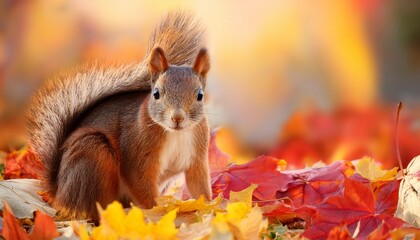 cute squirrel sitting on ground surrounded by colorful autumn leaves with soft warm background light