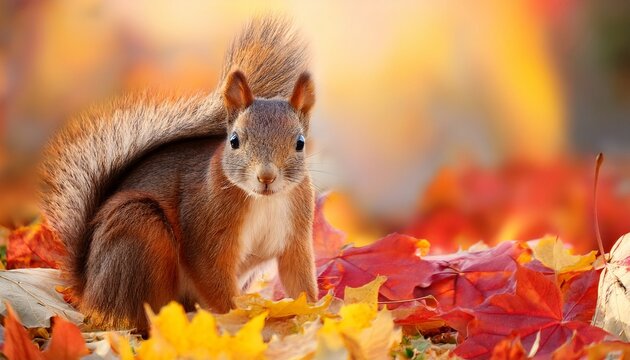 cute squirrel sitting on ground surrounded by colorful autumn leaves with soft warm background light