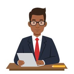 Young black man sitting at desk with tablet and pencil in office, white background, isolated, vector  