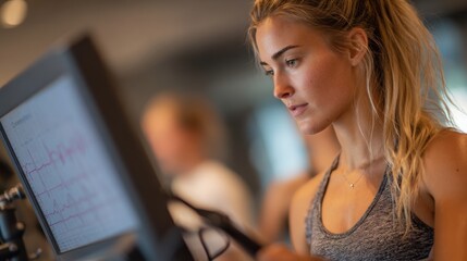 Medium composition featuring an expert calibrating heart rate zones on equipment female subject warming up blurred in the background showcasing precision training based on