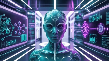 Futuristic AI woman in neon lab environment with advanced technology interface and data screens