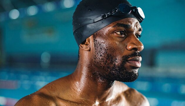 Focused male swimmer with goggles and swim cap preparing for professional pool training and competition