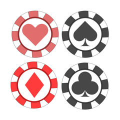 Colorful Casino Chips with Spade, Heart, Club, and Diamond Icons