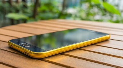 Gold-colored smartphone on a wooden table.