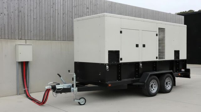 A large, mobile diesel generator unit is connected to a power distribution box via thick red and black cables, situated outdoors next to a concrete wall and wooden fence