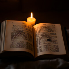 Ancient sacred texts of Judaism opened to a illuminated page, soft candlelight casting a warm glow, symbolizing Jewish tradition and faith in a serene setting.