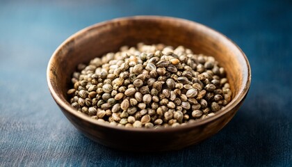close up of hemp seeds in a bowl on a dark blue surface