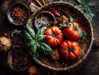 Overhead View of Ripe Tomatoes and Basil in a Woven Basket with Spices