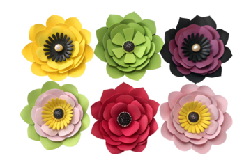 Captivating collection of six vibrant handcrafted paper flowers, each showcasing intricate layered petals and unique color combinations, ideal for decorative crafts and artistic design.