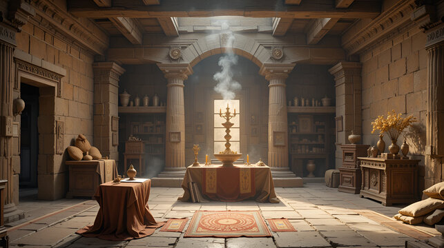 View inside the Holy Place of the Sanctuary described in the book of Moses. Exodus, Old Testament. Showbread, Lampstand, and Altar of Incense.