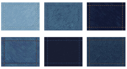 Six denim fabric samples in various shades of blue on transparent background