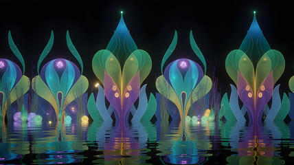Mystical Light Garden: An enchanting garden shimmers with vibrant, multi-colored lights reflecting serenely in the still water, exuding a sense of tranquility and mystery.