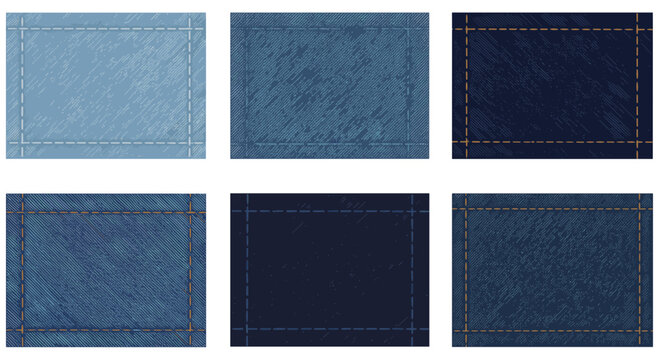 Six denim fabric samples in various shades of blue on transparent background