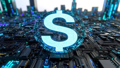 Futuristic dollar sign on a circuit board cityscape