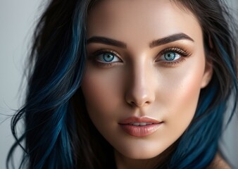 Obraz premium Close-Up of Beautiful Woman with Black Hair and Blue Highlights, Bright Blue Eyes