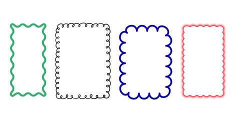 Set of wavy edges rectangle frames. Rectangular shapes with wiggly borders. Picture or photo frames, empty text boxes, label, tags on white background	